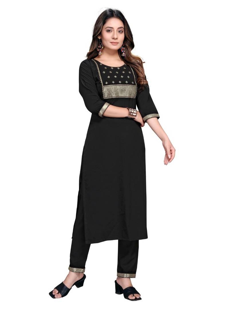 Reliable Black Soft Penguin Lycra Embroidered Kurta With Pant Set For Women